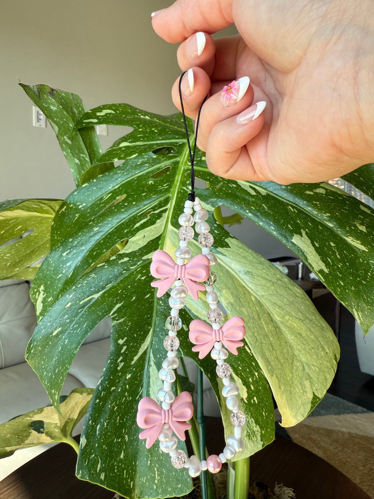 Bow & Heart Pearl Beaded Phone Charm